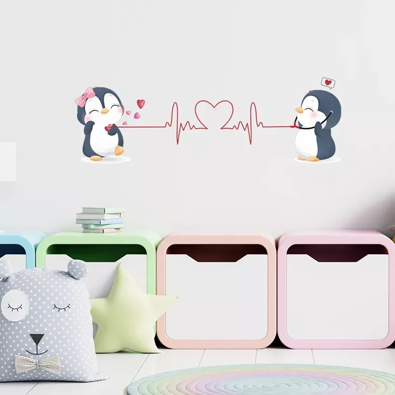 

NEW2022 Cute Couple Penguins Wall Sticker Living Room Bedroom Background Home Decoration Cartoon Stickers Valentine's Day Wa