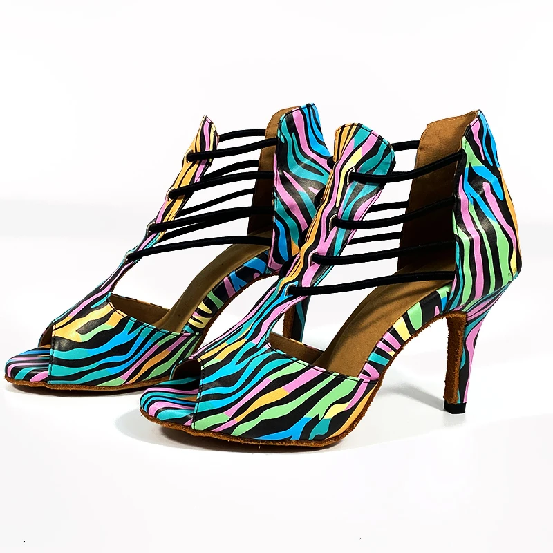 Indoor Outdoor Dance Shoes Colorful Leather 2022 Latin Dance Shoes Women High Dance Heels Zapatos de baile 8.5cm 3inch Heels