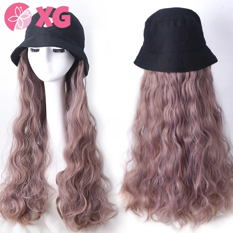 XG Synthetic Fashion Letters Apring Summer Shade Fisherman Hat Long Curly Half Wig Cheap And Natural Black Pot Hat Wig for Women