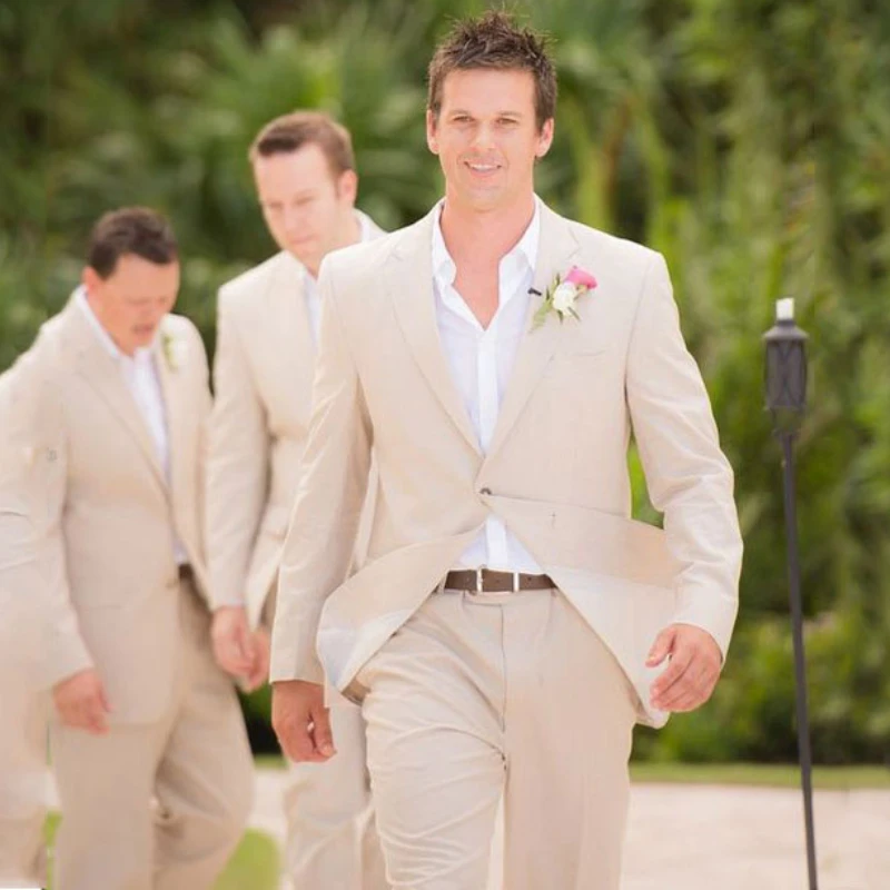 

Мужские льняные костюмы для лета, свадебные пляжные смокинги для жениха, одежда для жениха, блейзер для выпускного вечера, Мужская модная куртка из 2 предметов на заказ, брюки