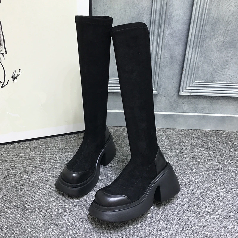 Faux Suede Knee High Platform Boots Women Sexy Thick Mid Heels Shoes Autumn Winter Fashion Designer Round Toe Punk Long Botas