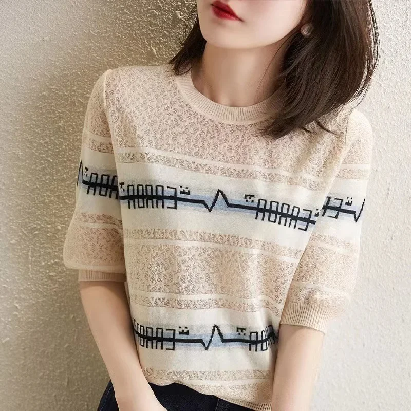 Винтажный стиль свободная футболка с короткими рукавами женский вязаный топ из