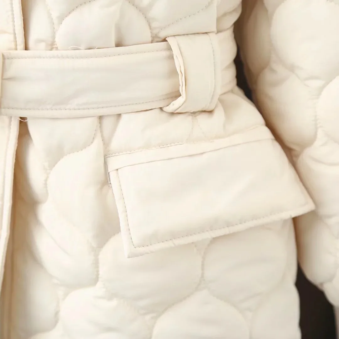 Casual Loose Diamond-shaped Hooded Parka Coat Women Fashion Thickened Mid-length Coat Ladies Elegant Lace-up Cotton Jacket