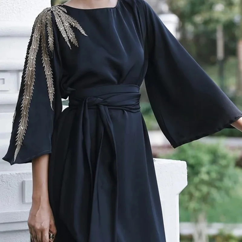 Robe Femme Musulmane Muslim Fashion Muslim Dress Middle East Abaya Dubai Embroidered Mid-sleeve Dress Abaya Turkey Robe Belt