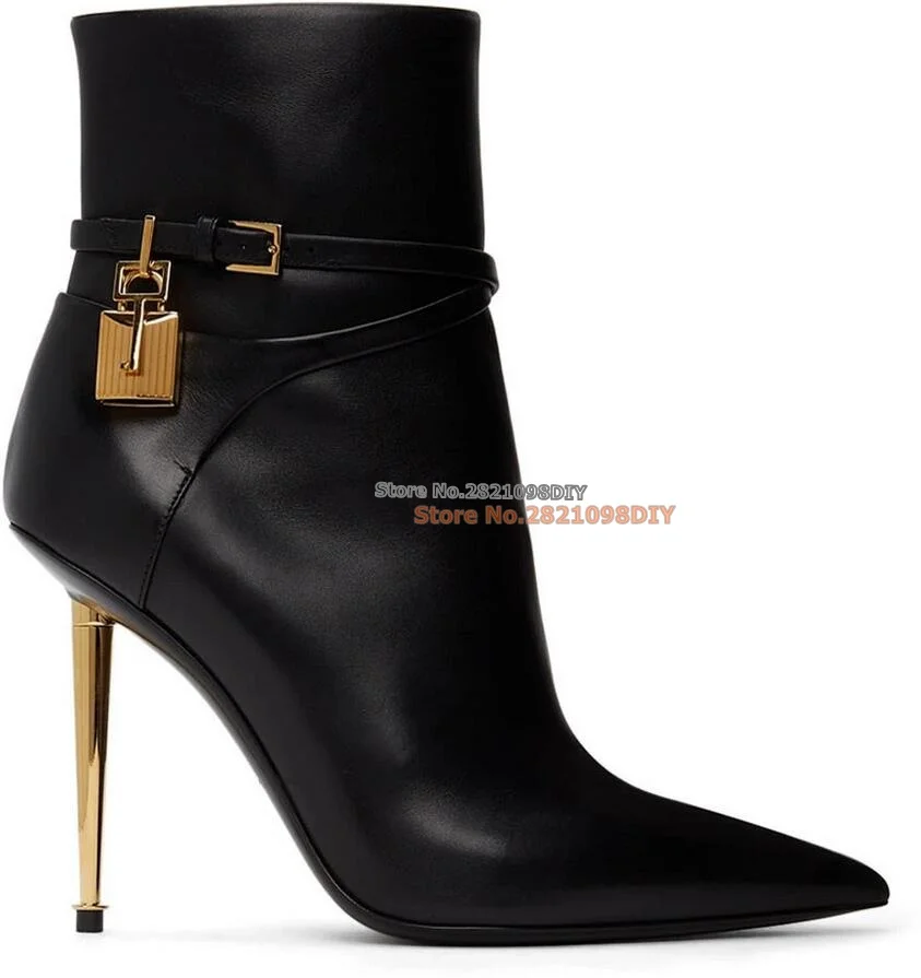 Women's Black Padlock Boots Pointed Toe Side Zipper Straps Short Boots Thin High Heel Ankle Boots Plus Size