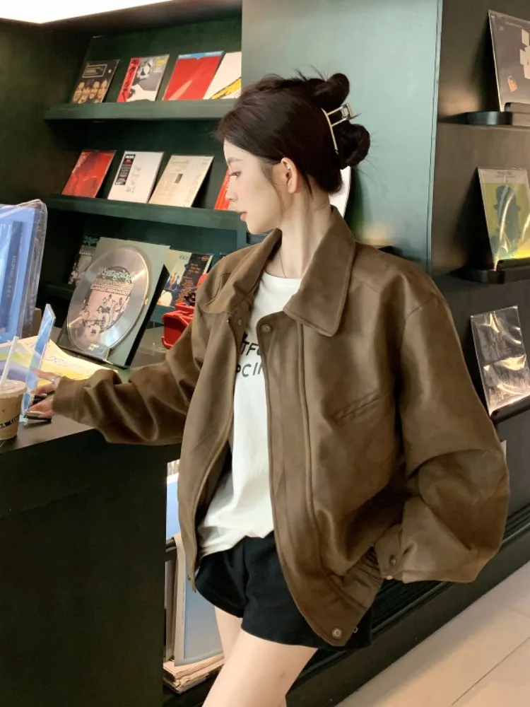 Американская винтажная коричневая верхняя одежда с лацканами женская осенняя