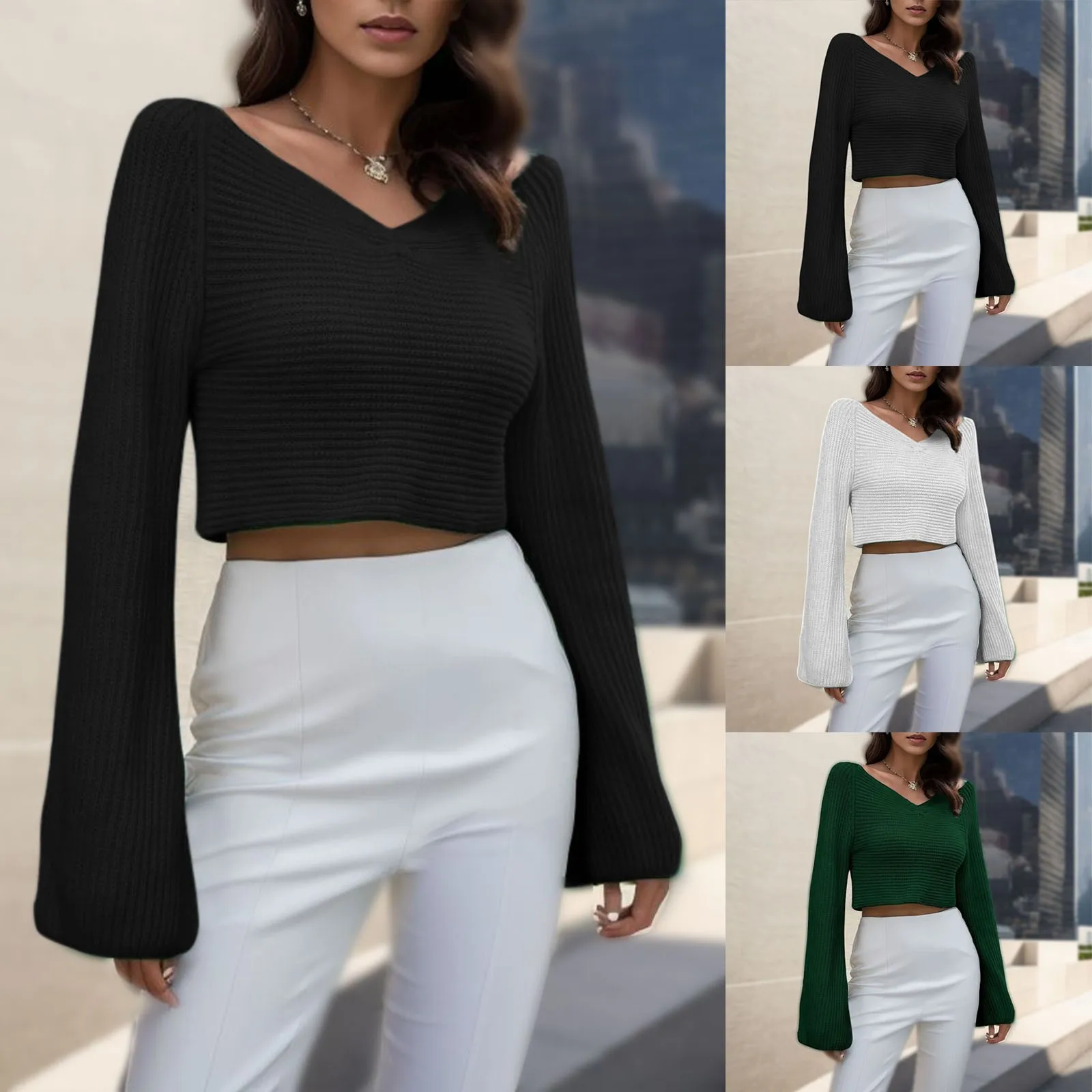 

Womens Pleated Trumpet Sleeve Short Sweater Womens Loose Autumn And Winter Long Sleeved Knitted Sweater Fireside Sweater