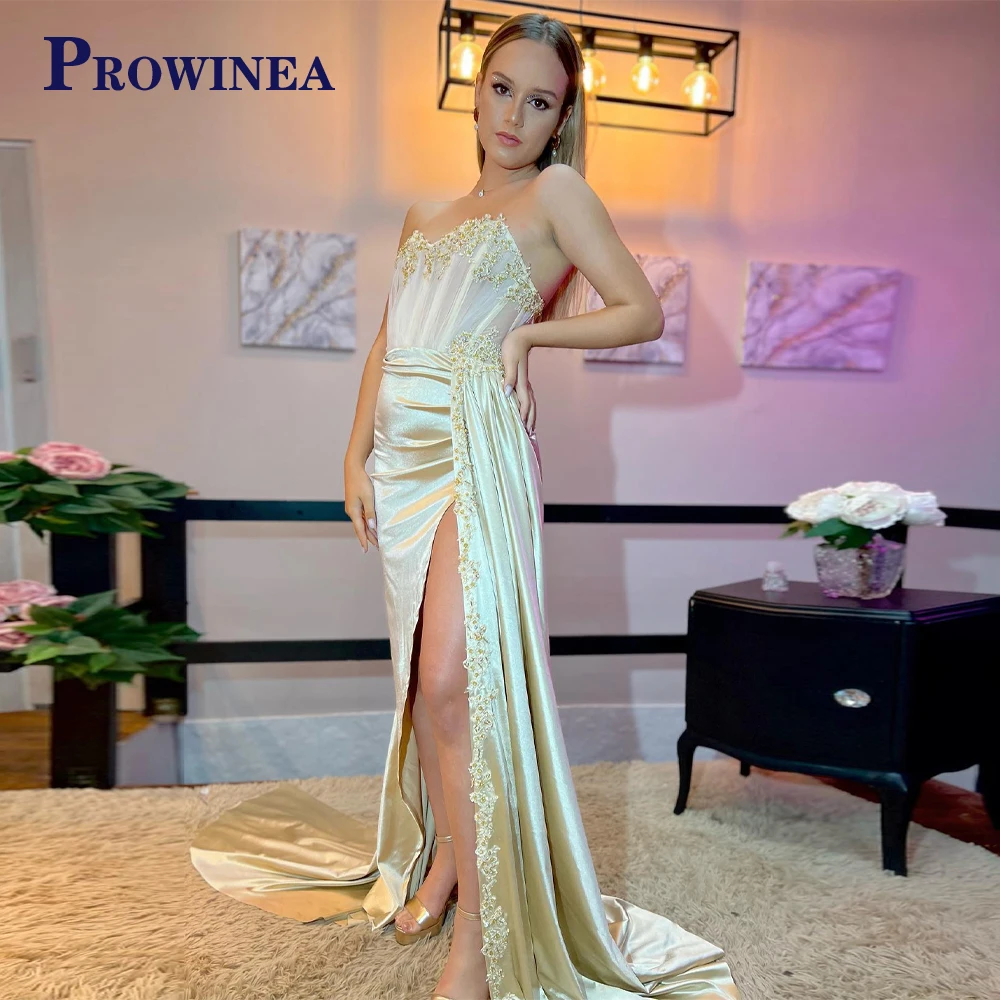 

Prowinea Sexy Slit Sleeveless Lace Up Satin Evening Dresses For Wedding Beauty Made To Order Vestidos Robes De Soirée Trumpet