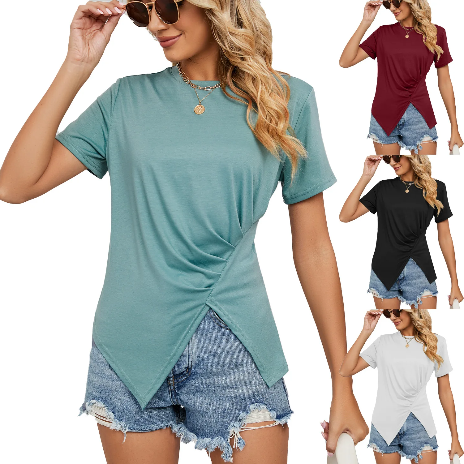 

Women's Shirt Summer New Solid Color Loose Round Neck Pleated Ladies T-shirt Tops