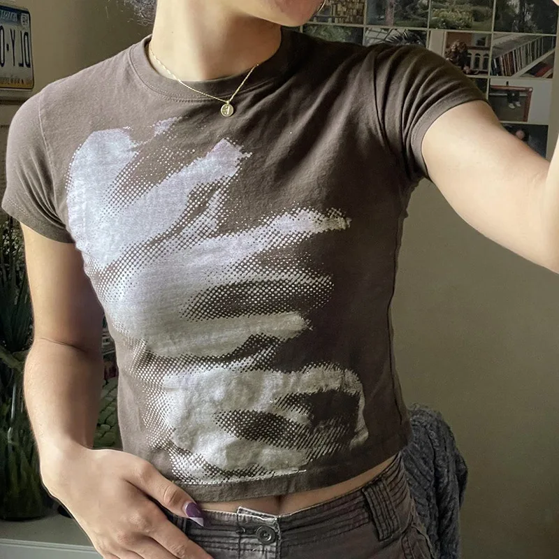2000s Retro Graphic Print Gray Crop Top Y2K Aesthetic Harajuku Baby Tee Chic Women Vintage Short Sleeve Slim Fit T-shirt Clothes