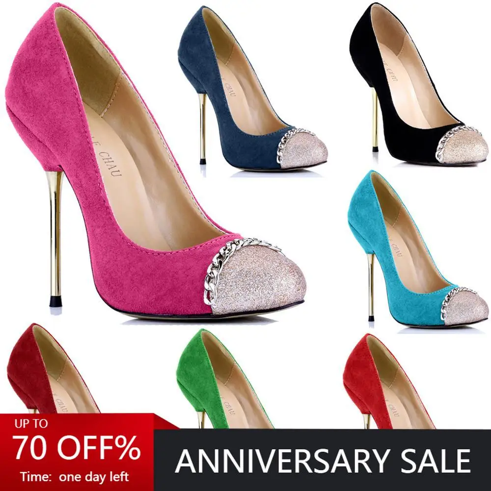 

CHMILE CHAU Suede Sexy Party Shoes Women Cap-Toe Stiletto Iron High Heels Chain Lady Pumps Zapatos Mujer Plus Sies 10 3845-c1