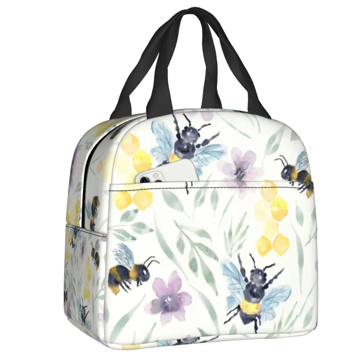 

Watercolor Bee Pollinators With Florals Insulated Lunch Bag for Outdoor Picnic Resuable Thermal Cooler Bento Box Women Children