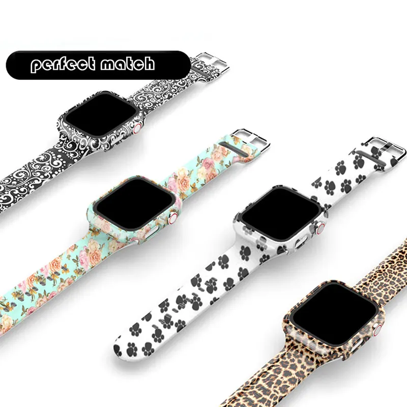 Box+Glass+Case+Strap For Apple Watch band 44mm 40mm 38mm 42mm Printed watchband Silicone correa bracelet iWatch serie 3 4 5 6 se
