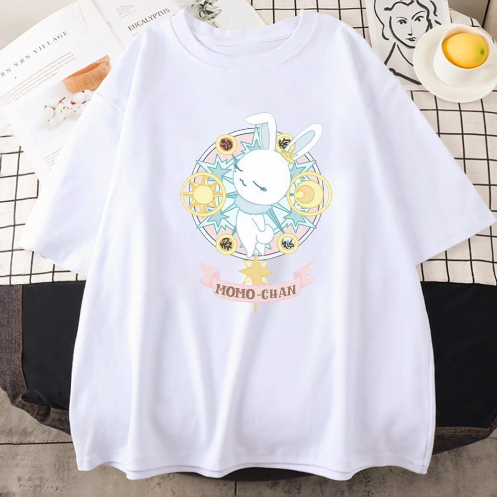 

Kawaii Momo Cardcaptor Sakura T Shirt Cartoon Print Womens Tees Summer 100% Cotton Harajuku Kids Tops Casual O-Neck Short Sleeve
