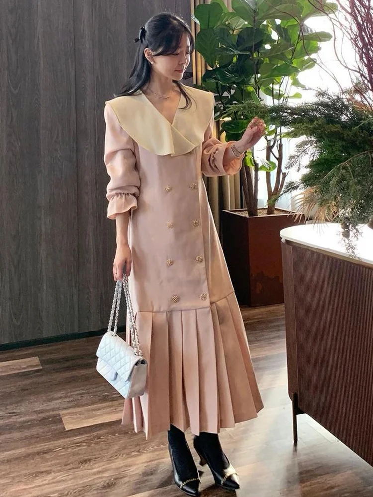 

Colorblock Dress For Women V Neck Loose Long Sleeve Double Breasted High Waist Midi Dresses Female 2022 Spring Clothing N797