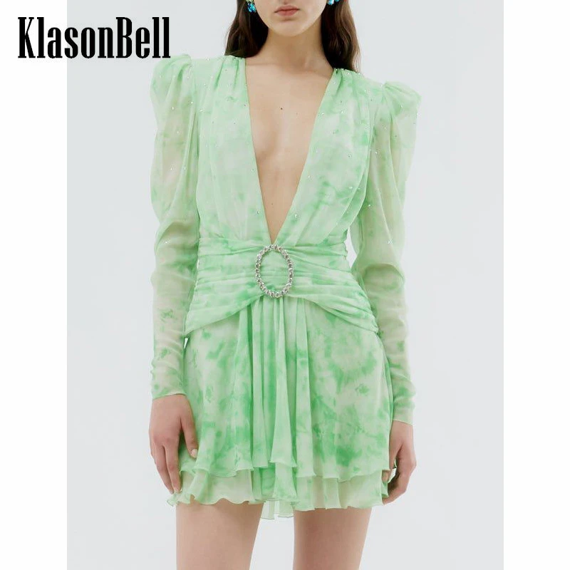 

5.10 KlasonBell Fashion Diamonds Buckle Decoration Puff Sleeve Print Mini Dress Women