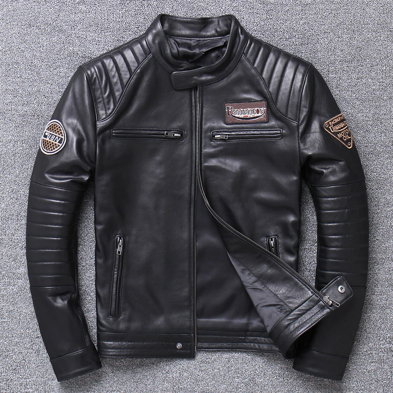 Locomotive Imported Distressed First Layer Pure Cattlehide Real Leather Clothes Men's Stand-up Collar Slim Fit Motorcycle Jacket enlarge