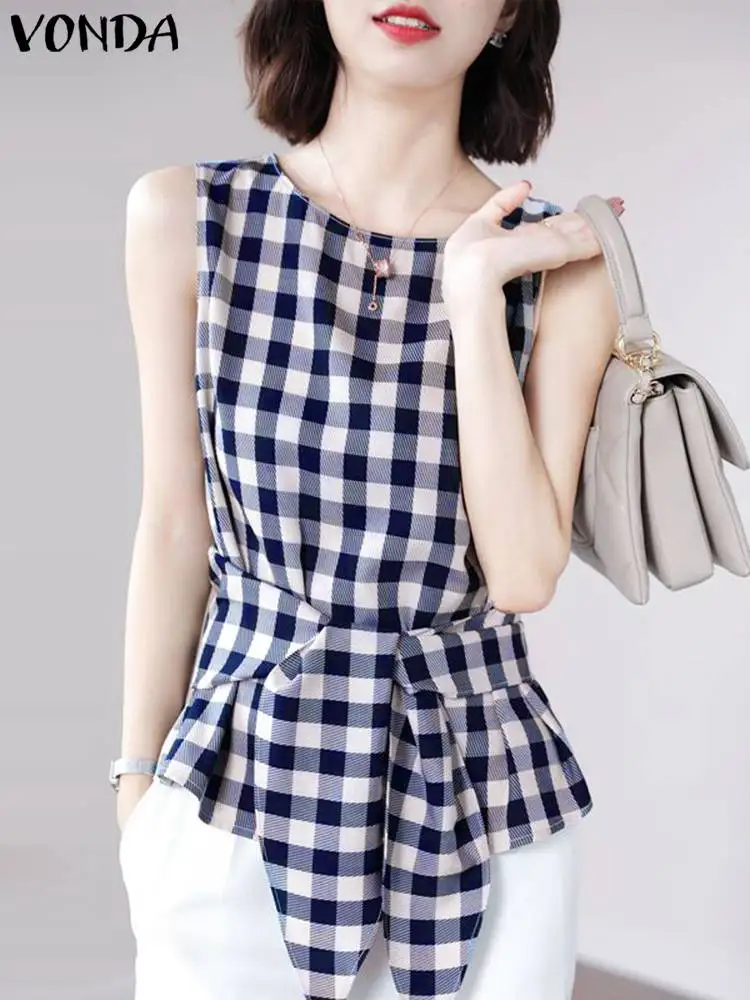 

VONDA Fashion Plaid Blouse Women Summer Tops Tunic Belted 2023 Round Neck Casual Checked Elegant Streetwear Vintage Blusas Femme
