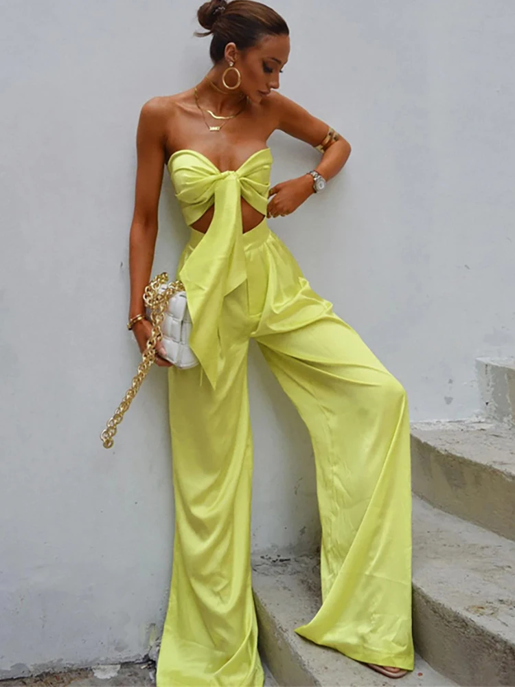 Sanches Summer Two Piece Outfits Women 2022 Satin Corset Crop Top And High Waist Wide Leg Pants Suit Casual 2 Pieces Streetwear
