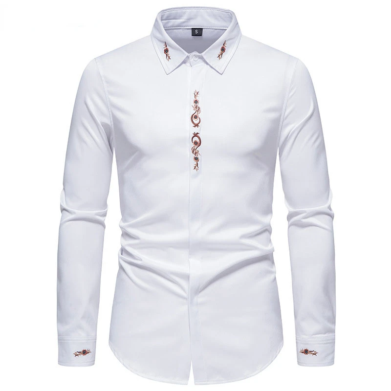 

Роскошная мужская рубашка с цветочной вышивкой для смокинга, Мужская облегающая Классическая рубашка с длинным рукавом, на пуговицах, для свадьбы, ужина, вечеринки
