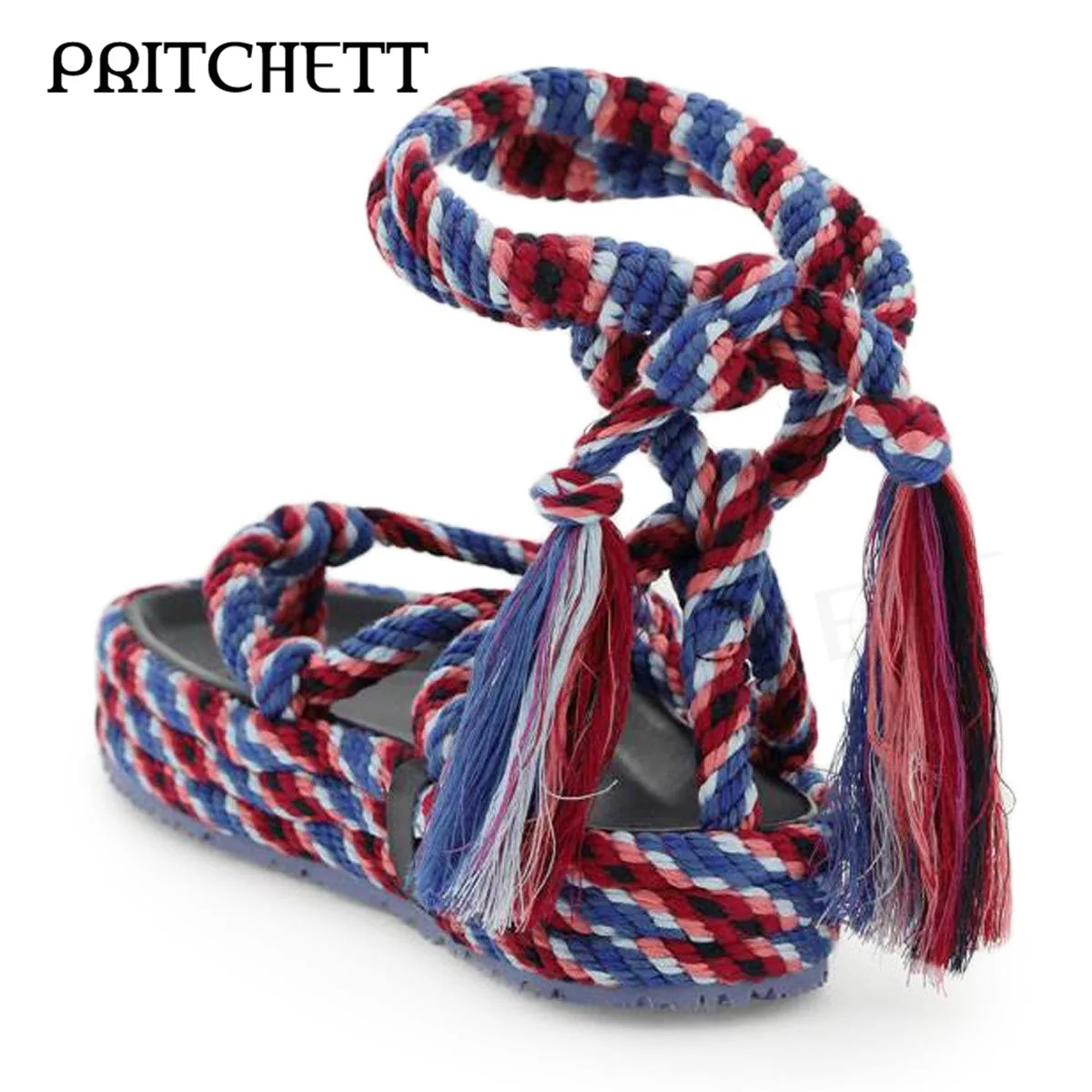 Blue and Red Color-Block Woven Flip-Flops Woven Heightened Round Toe Cross-Strap Sandals Fashion Tassel Platform Sandals