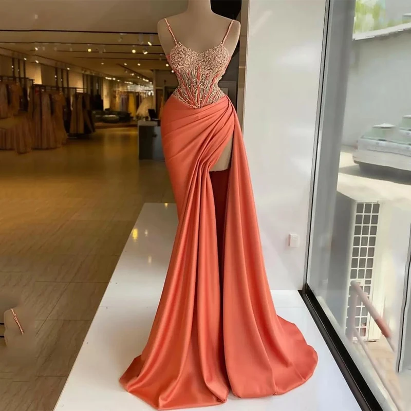 

Elegant Satin Mermaid Evening Dresses with Long Sleeves Deep V Neck Lace Appliqued Prom Party Gowns Arabic Aso Ebi Ruched Sweep