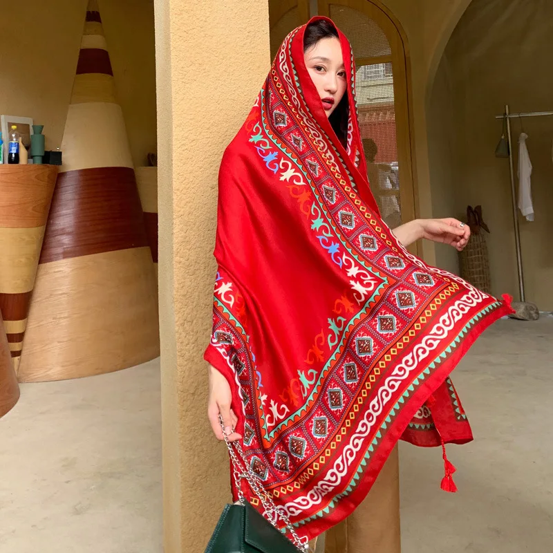 

National style shawl and scarf dual-purpose beach sunscreen beach scarves red large scarves female desert tourism photos summer