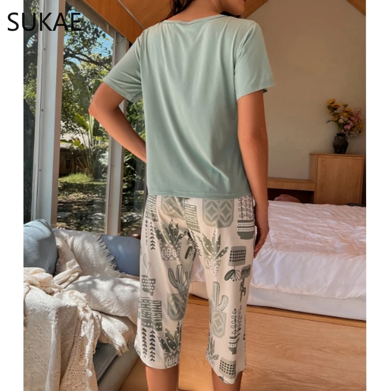 Пижама-капри Женская до икры с коротким рукавом