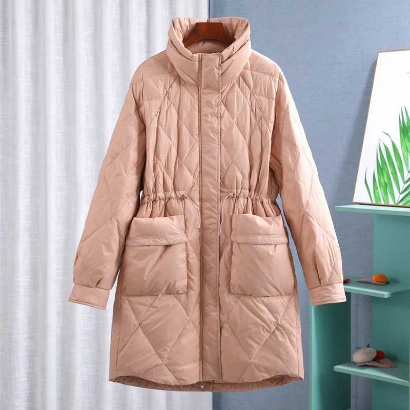 Stand-Up Collar Drawstring Large Pocket Medium Long Women's Down Jacket Coat 2022 Autumn Winter New White Duck Down Coat