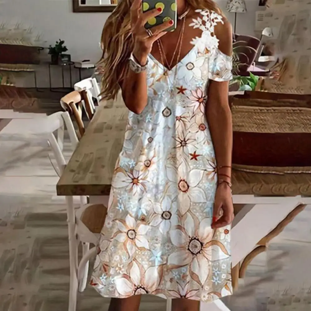 

2022 Summer Fashion Women Holiday Floral Leaves Print Loose V-neck Mini Dress Female Short sleeve Bohemian Beachwear XS-8XL