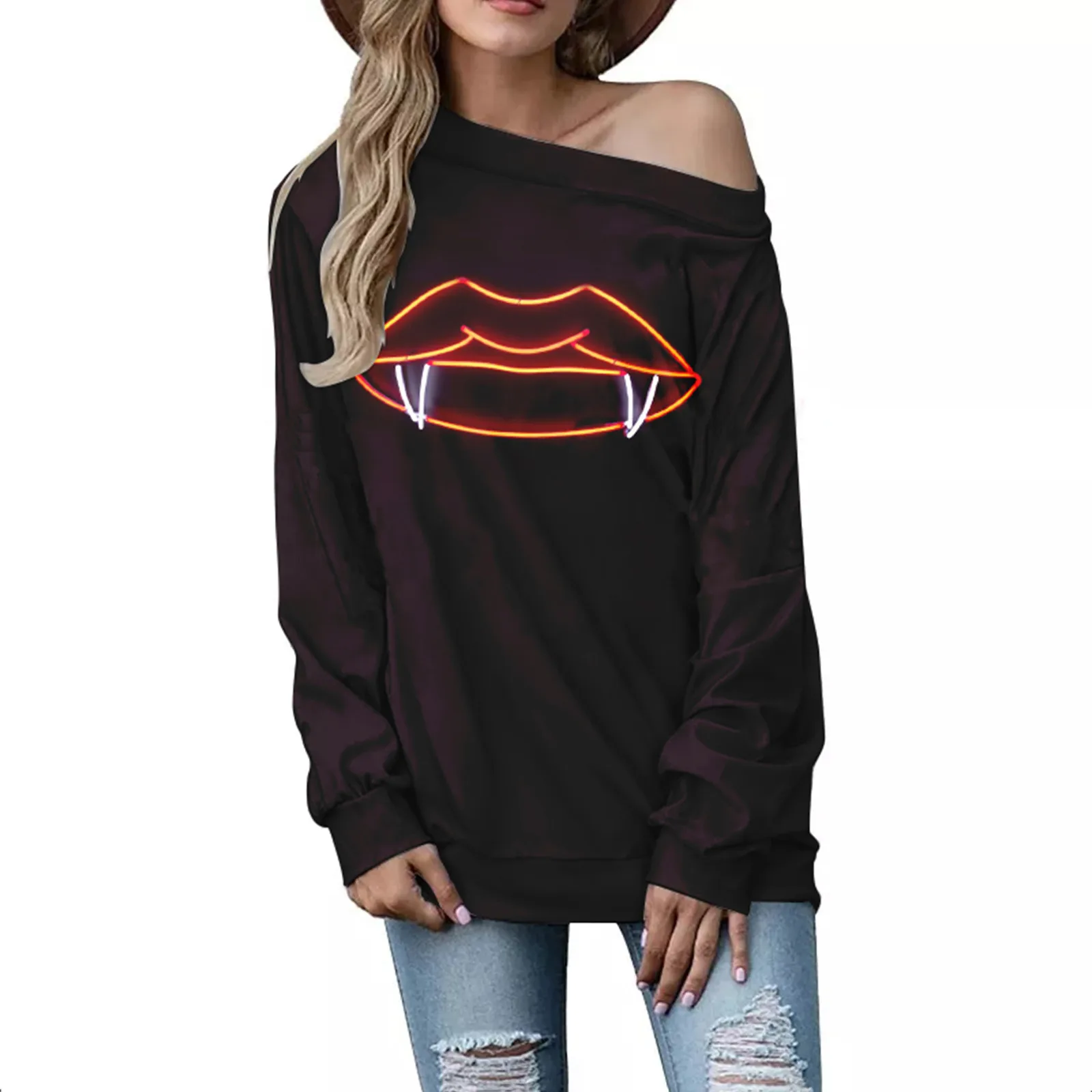 

Womens Off Shoulder Tops Casual Blouse Long Sleeve Shirts Tunic Basic Halloween Funny Printed Black V Neck T Women Guard Swim