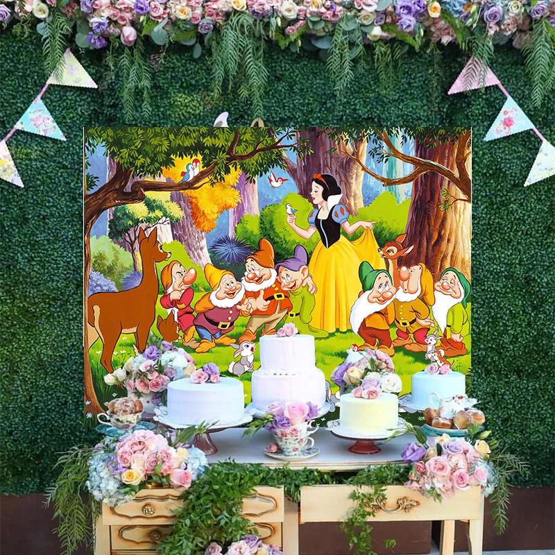 

Cartoon Disney Seven Dwarfs Fairy Forest Backdrop Snow White Girls Princess Happy Birthday Party Decoration Backgrounds Banner
