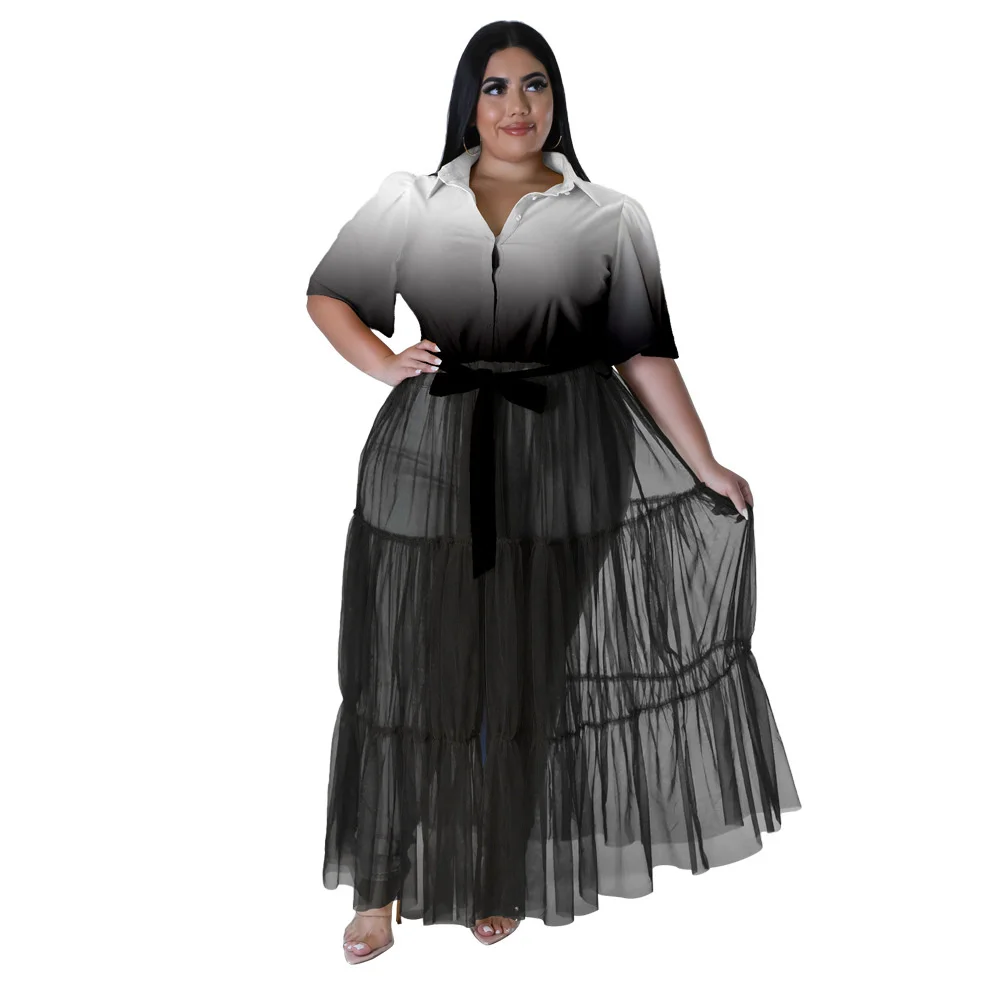 Plus Size Large Women's Dress 2023 New Spring Summer New Shirt Mesh Print Top Dress Loose Casual Short Sleeve Shirt Skirt