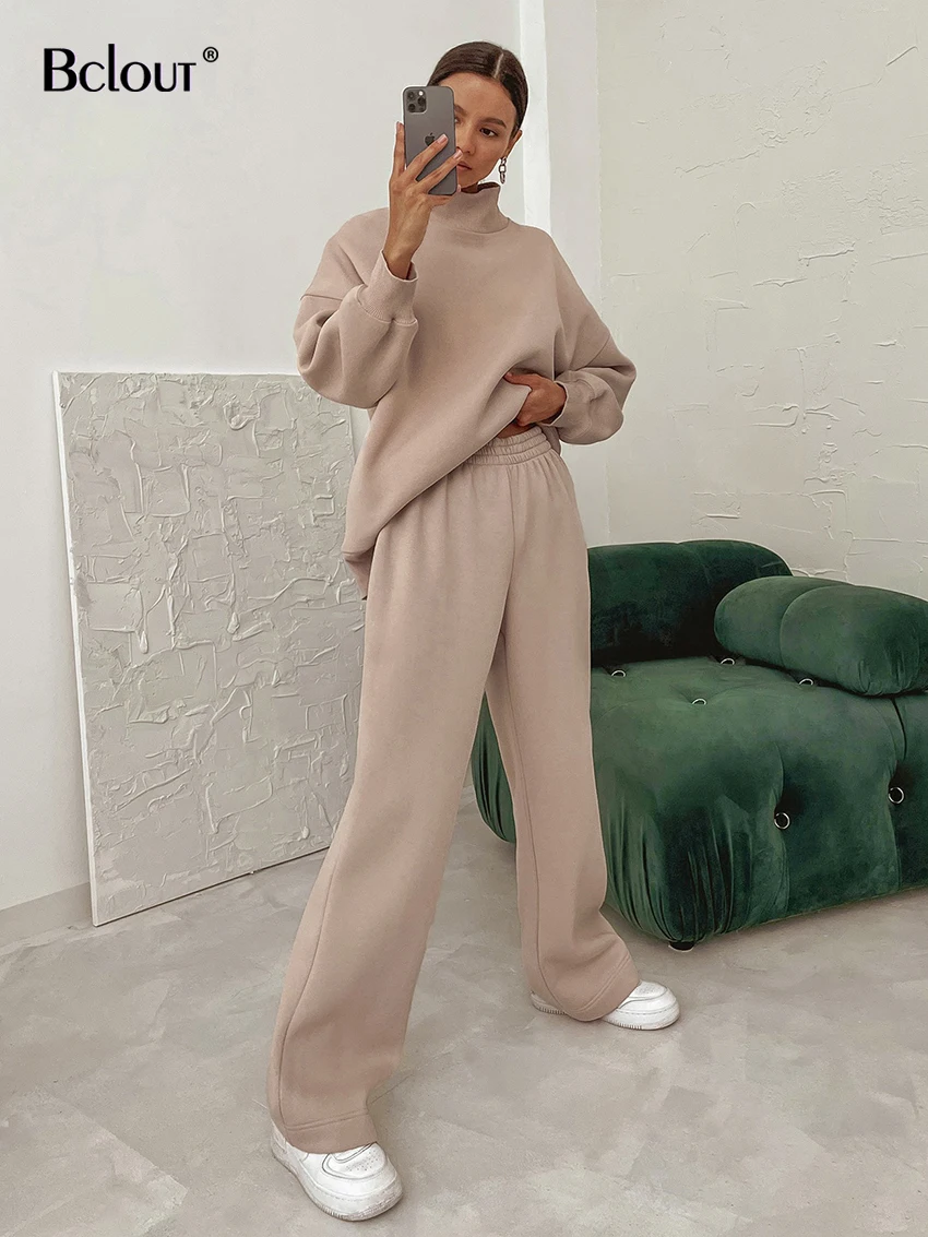 

Bclout Winter Knitted Pants Two Piece Sets Womens Outifits Fashion Long Sleeve Loose Hoodies Khaki Elastic Wide Leg Pants Suits
