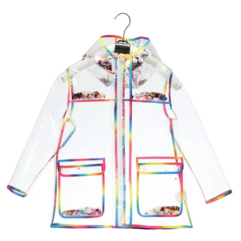

Rainbow Colorful Edge Kids Raincoat Waterproof TPU Children Windproof Rain Coat Jacket With Hood Boys Girls Poncho