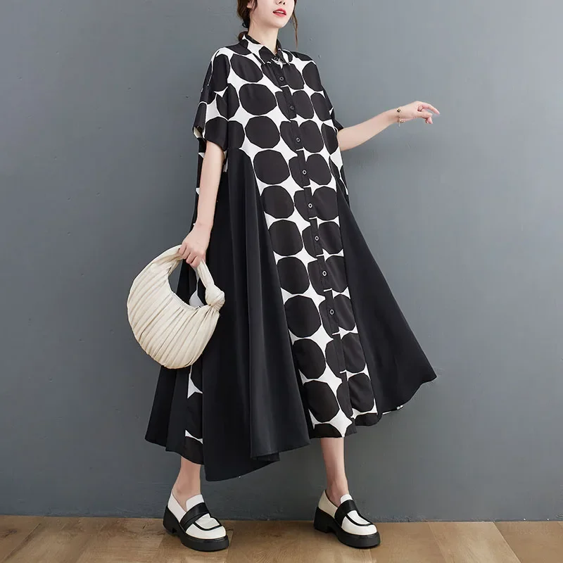 Платье-рубашка в горошек с коротким рукавом летучая мышь