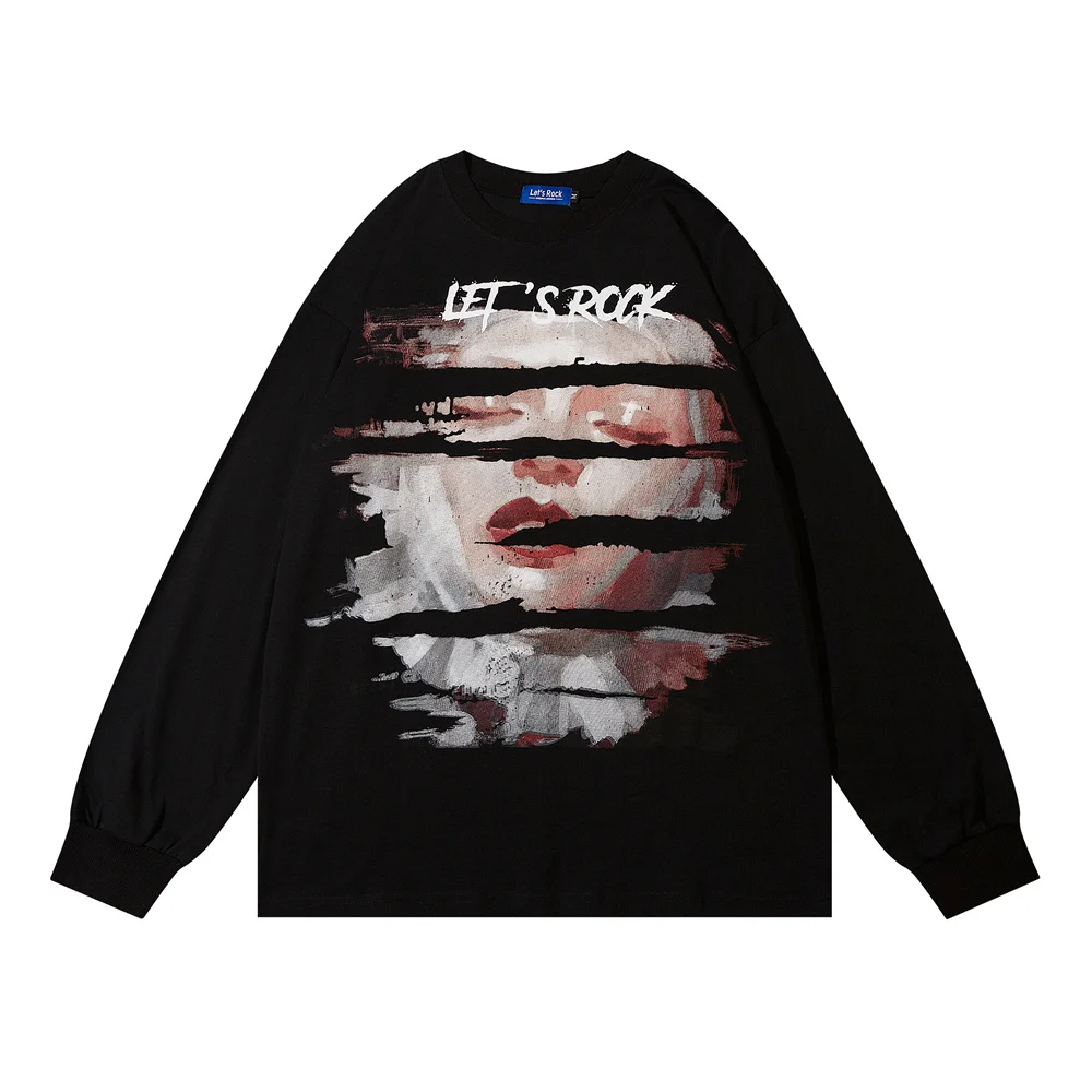 

T-shirt Men Portrait Painting Printed Long Sleeve Tops Couple Casual High Street O-Neck Tee Autumn Streetwear Unisex Tshirt