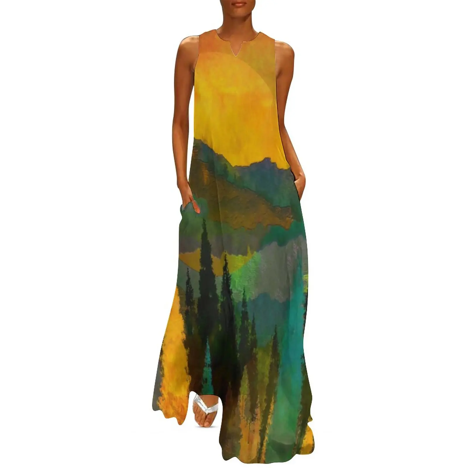 

Винтажное платье-макси с принтом деревьев и гор, длинное платье в богемном стиле с V-образным вырезом, большие размеры