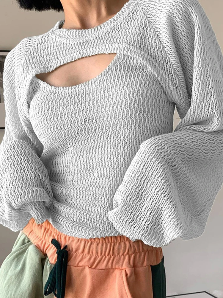 

SEASONS White Knitted Pullover Crop Tops Women Autumn Lantern Long Sleeve Hollow Out Camis T-Shirts Korean Fashion ASTS85492