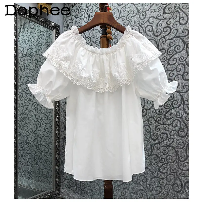 

French Embroidery Ruffled Puff Sleeve Shirt Blouse Women's New 2023 Summer Design Temperament Palace Style Loose Blusas De Mujer