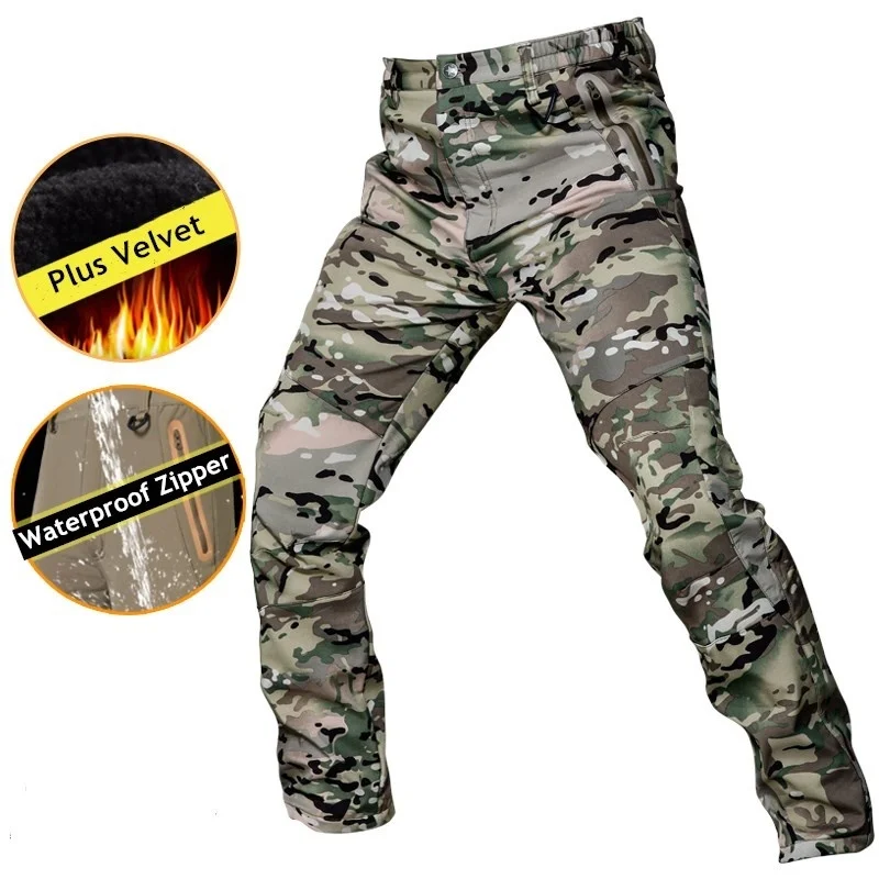 

Press Glue Waterproof Fleece Soft Shell Mens Winter Plus Velvet Windproof Warm Trousers Outdoor Hiking Tactical Camo Pants