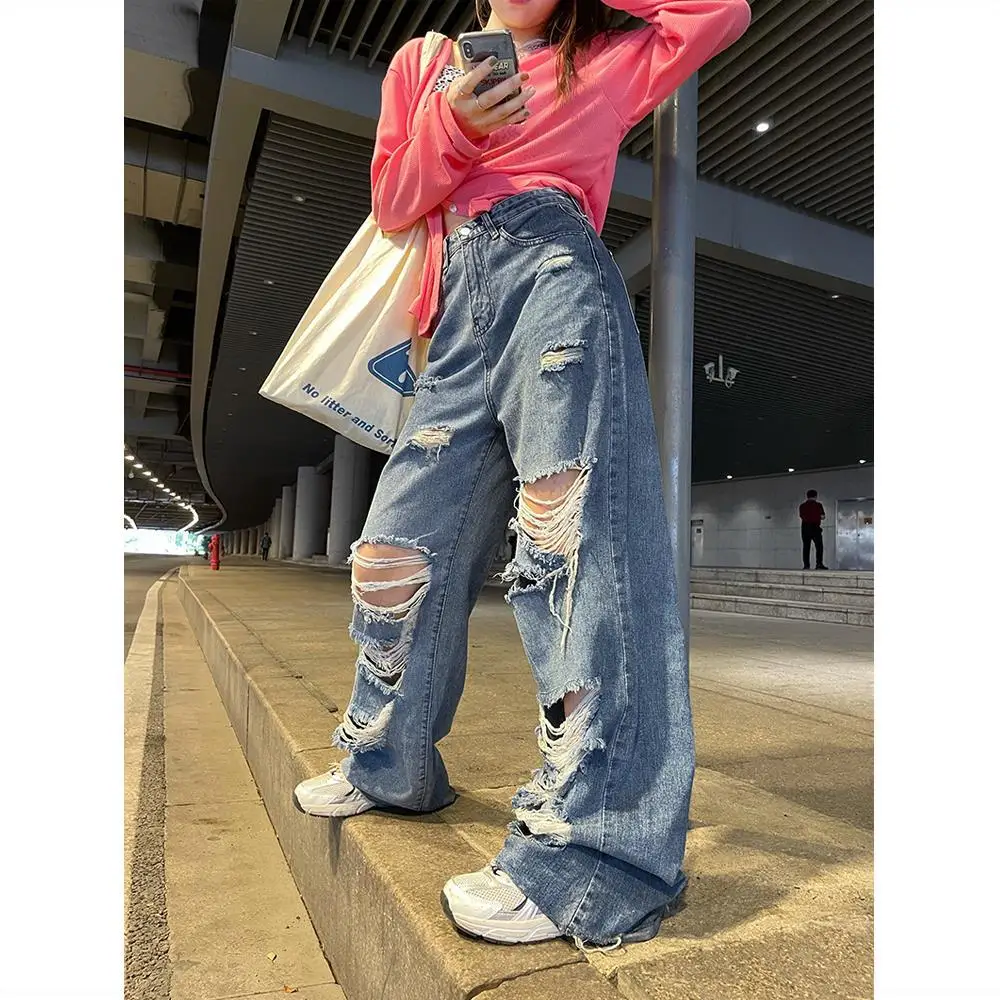 Streetwear Straight Pants Ladies Ripped Jeans High Waist Loose Wide Leg Pants Ladies Jeans Y2K Summer Plus Size High Street Jean