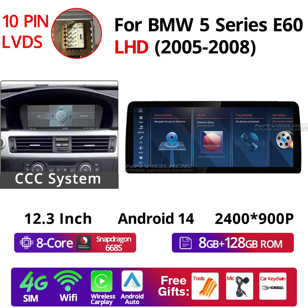 

NAVIGUIDE 12,3 дюйма Android 14 для BMW 5 серии E60 2006-2010 CCC CIC Система Автомобильный радиоприемник Carplay Auto Navi Мультимедийный плеер 4G Wi-Fi