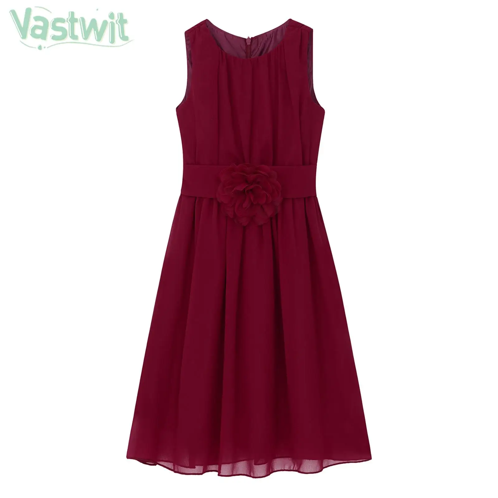 

Burgundy Long Dress for Kids Girls Party Evening Formal Occasion Wear Kids Sleeveless Flower Decor Elegant Dress Graceful Maxi