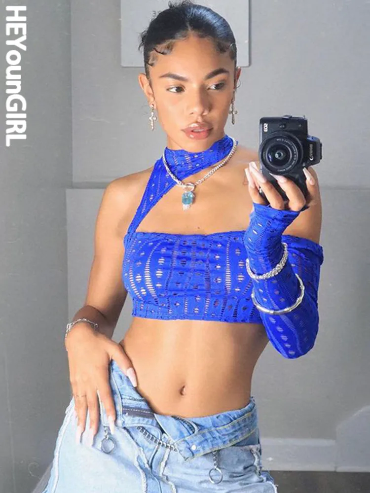 

Женские укороченные топы HEYounGIRL с вырезами, сексуальные Клубные наряды, модная футболка с коротким рукавом и открытыми плечами для вечеринк...