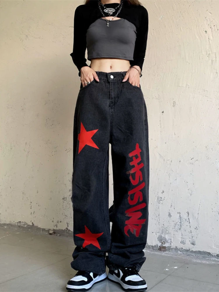 

HOUZHOU High Street Gothic Black Baggy Jeans Women Hippie Punk Retro Streetwear Oversize Denim Pants Female Grunge Trousers