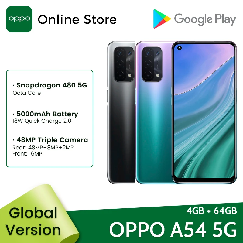 Global Version OPPO A54 5G Smartphone 4GB 64GB Qualcomm 5G SoCs 48MP Quad Cameras 5000mAh Battery 18W 6.5'' 90Hz Display Phone