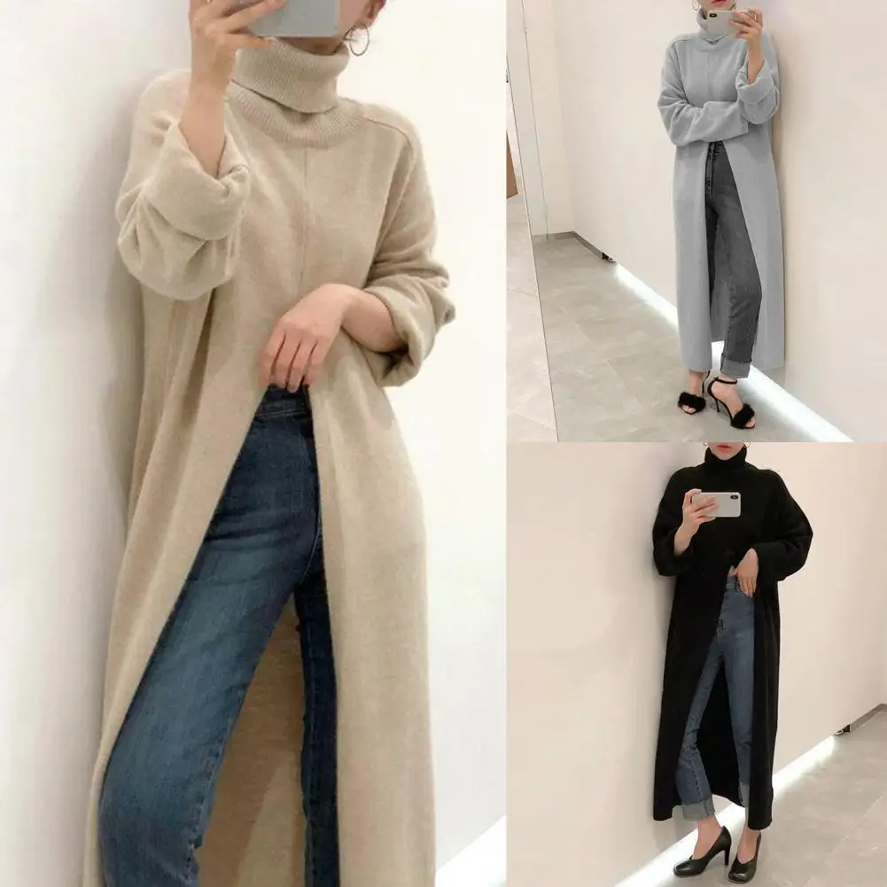 

Split Chic Long Sweater Autumn Winter Women 2022 High Neck Sweaters Loose Over The Knee Thin Long Bottomed Pullover