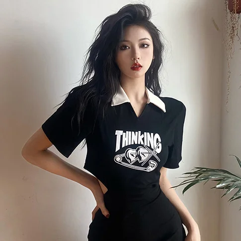 

American Retro Personalized Print Polo Neck Short Sleeved T-shirt with Unique New Top for Female Niche Design y2k dress