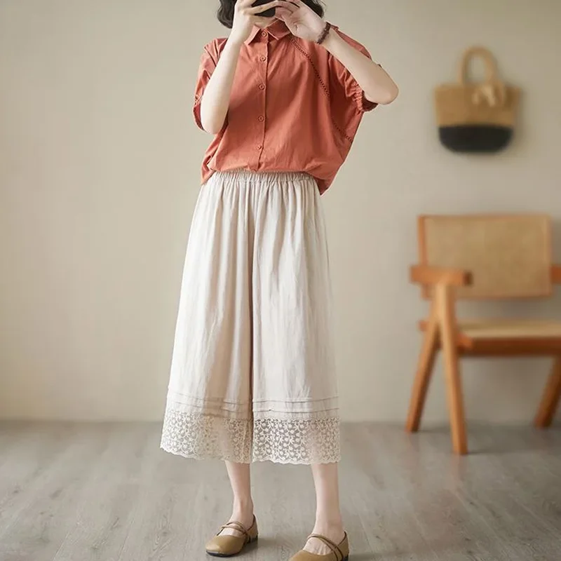 Женская одежда широкие брюки длиной до икры повседневные однотонные летние с